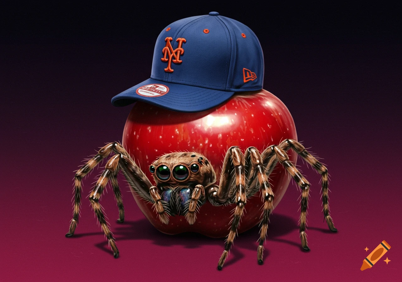 A realistic illustration of a jumping spider using a red apple as its body, wearing a blue baseball cap.