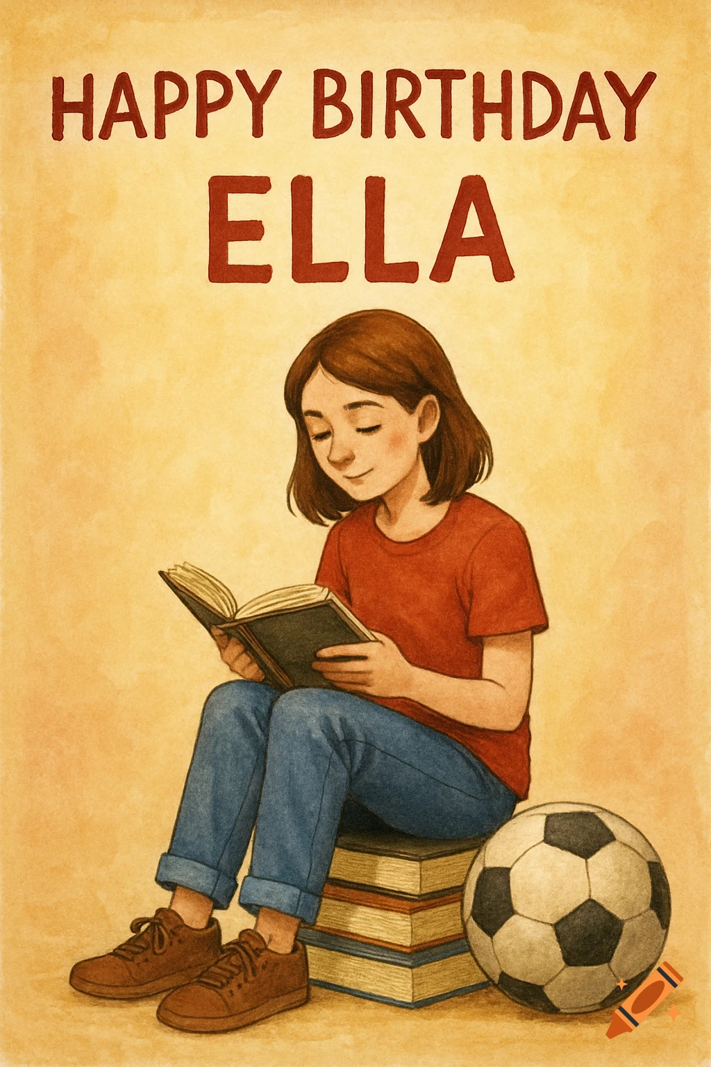 Illustration of a girl sitting on books, reading next to a soccer ball, with "HAPPY BIRTHDAY ELLA" text.