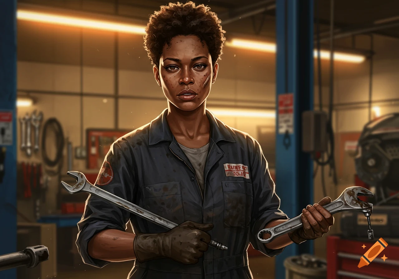 A Black woman mechanic in a garage holds two wrenches. Photorealistic digital illustration.