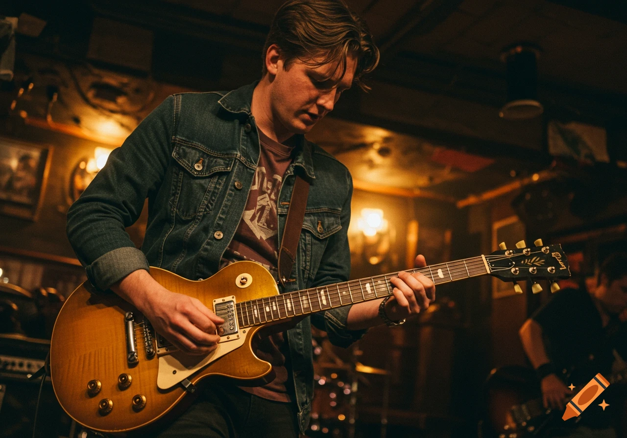 A man playing a guitar on a dimly lit stage