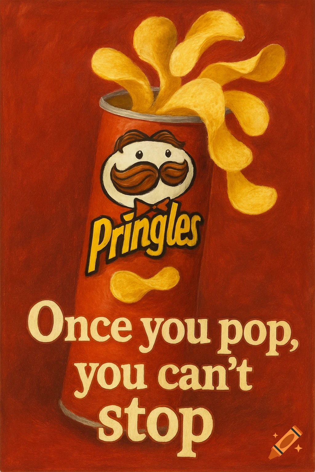 Illustration of a Pringles can overflowing with chips, with the slogan 'Once you pop, you can't stop'.