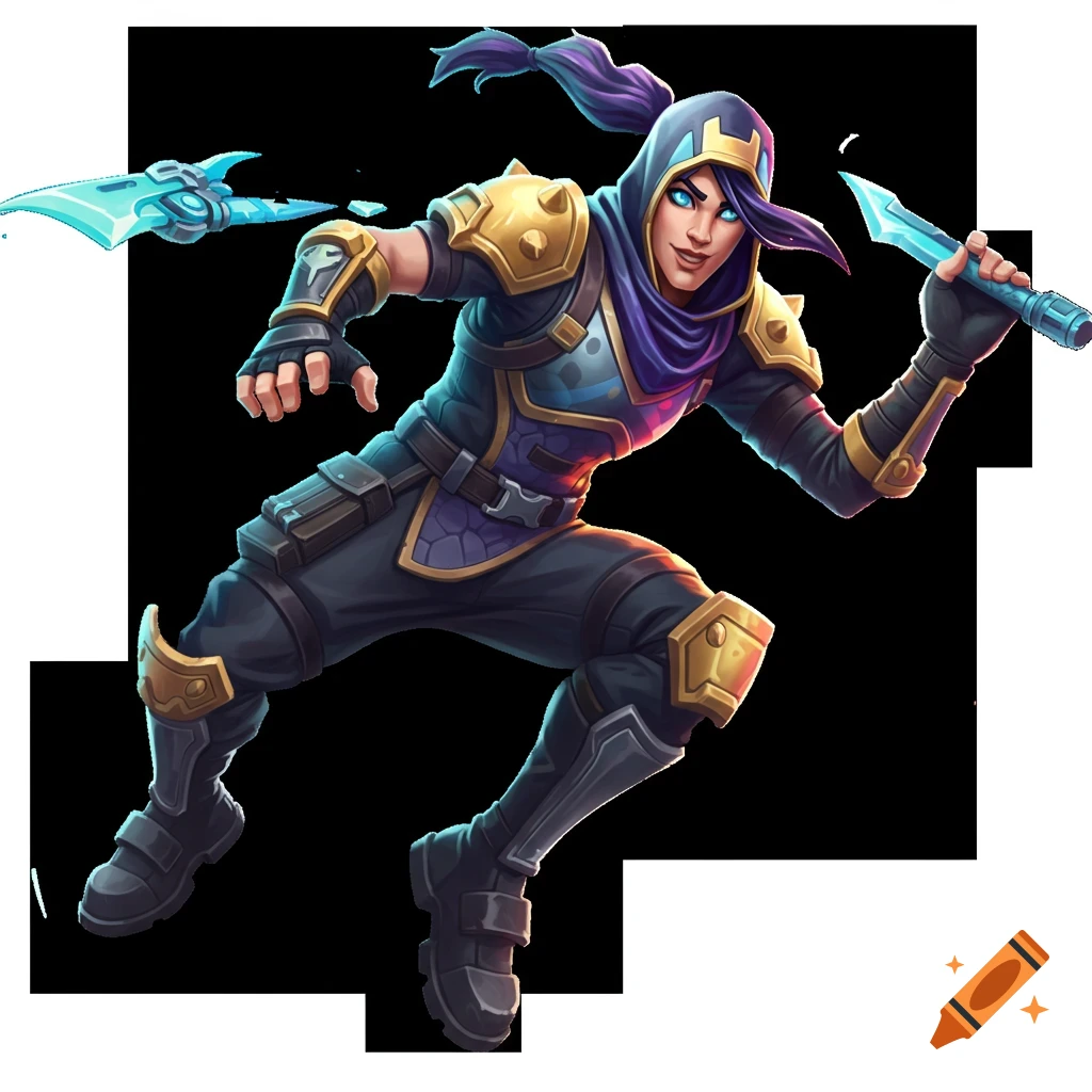 Stylized cartoon character in ninja outfit lunging with glowing weapons