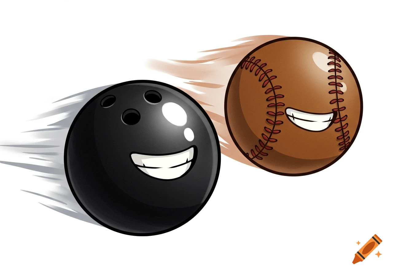 Cartoon bowling ball and baseball with faces flying side-by-side.