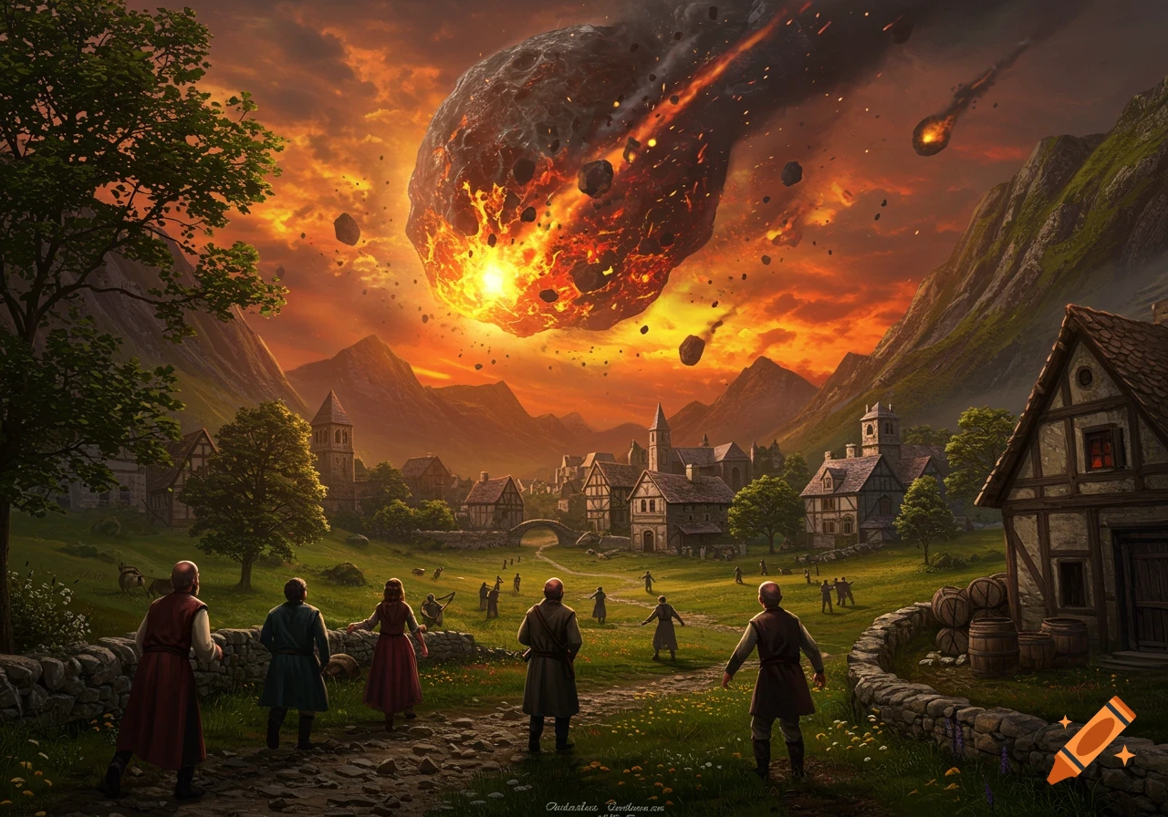 A large, fiery meteor approaches a village in a valley. People stand on a path watching the dramatic sunset sky.