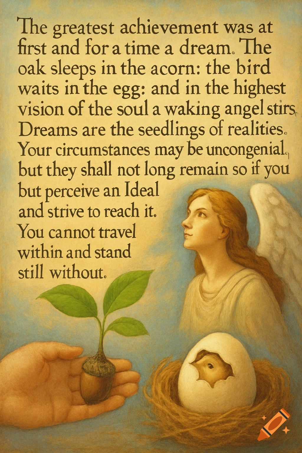 Illustration of a hand holding an acorn sprout, a bird hatching from an egg, an angel, and inspirational text.