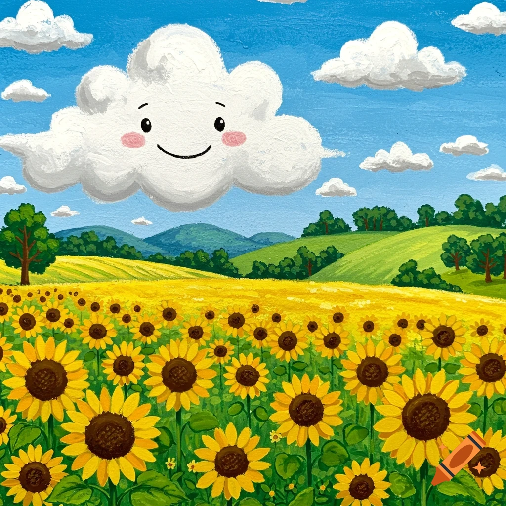A smiling cartoon cloud floats above a vibrant field of yellow sunflowers under a blue sky with white clouds. The scene is bright and cheerful.