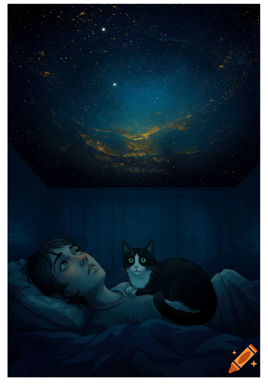 An illustration of a person lying in bed with a cat, both looking up at a ceiling painted like a starry night sky.