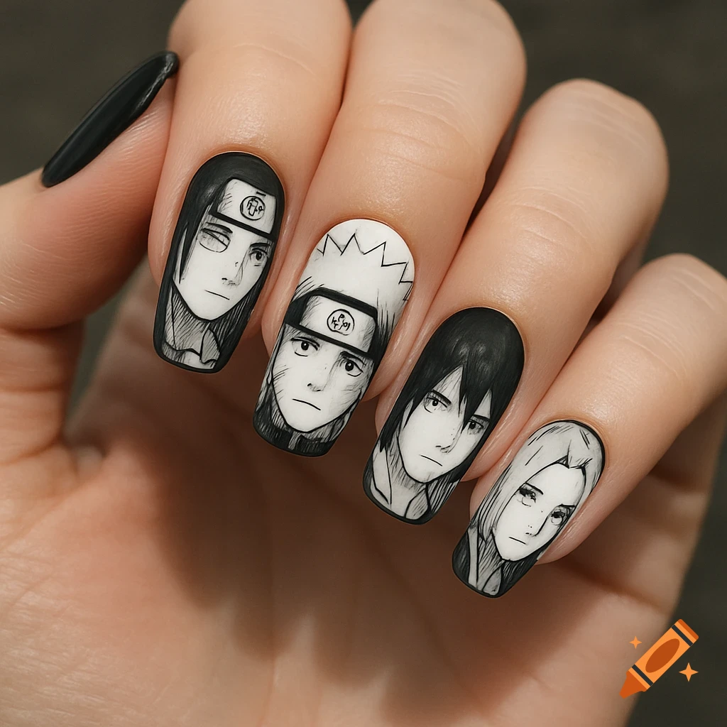 Nail art featuring black and white manga style portraits of Naruto characters.