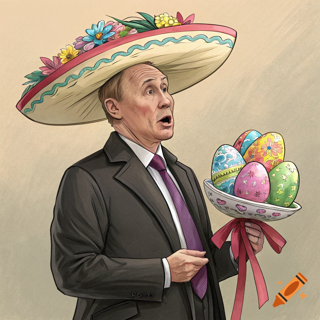 Illustration of Vladimir Putin in a flower-decorated sombrero holding a bowl of decorated Easter eggs.