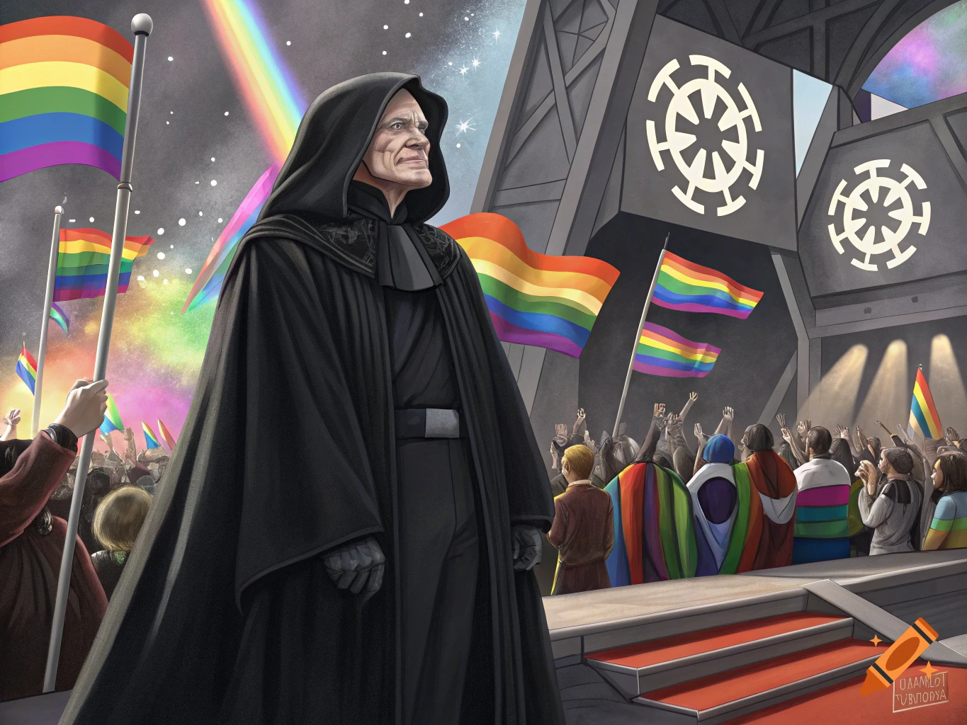 Emperor Palpatine stands at a rally with rainbow flags, a large building, and a rainbow.
