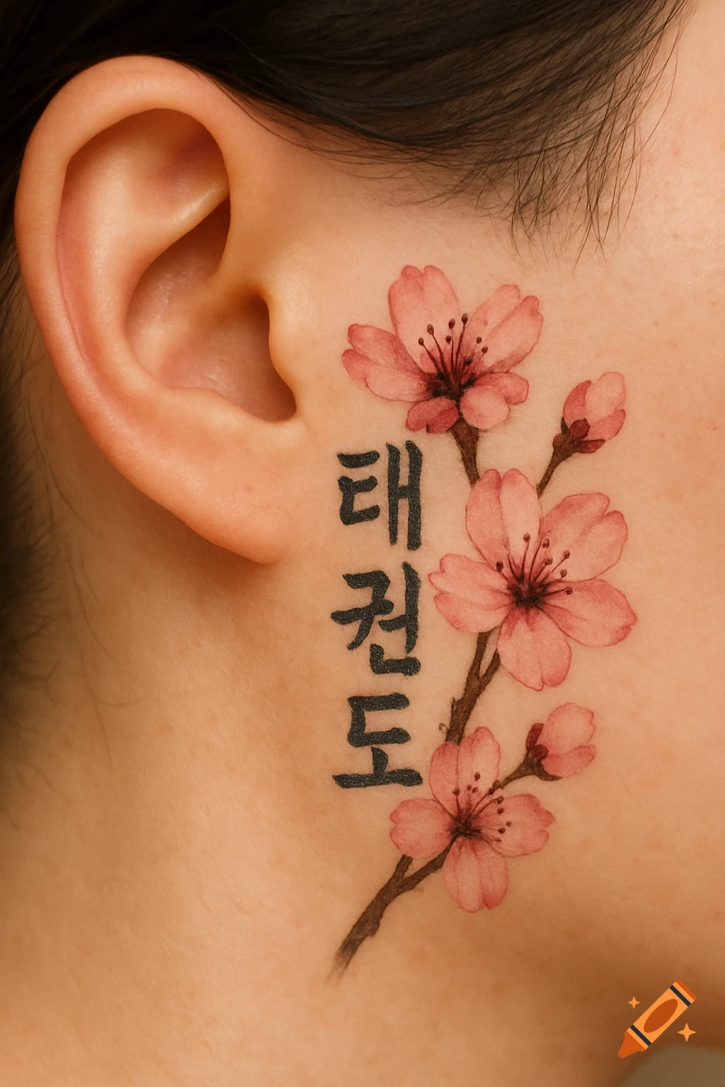 Close-up of a tattoo behind an ear: cherry blossoms and Korean text '태권도'.
