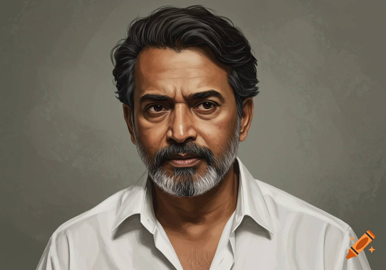 Illustrated portrait of a man with dark hair and a salt-and-pepper beard, wearing a white shirt.