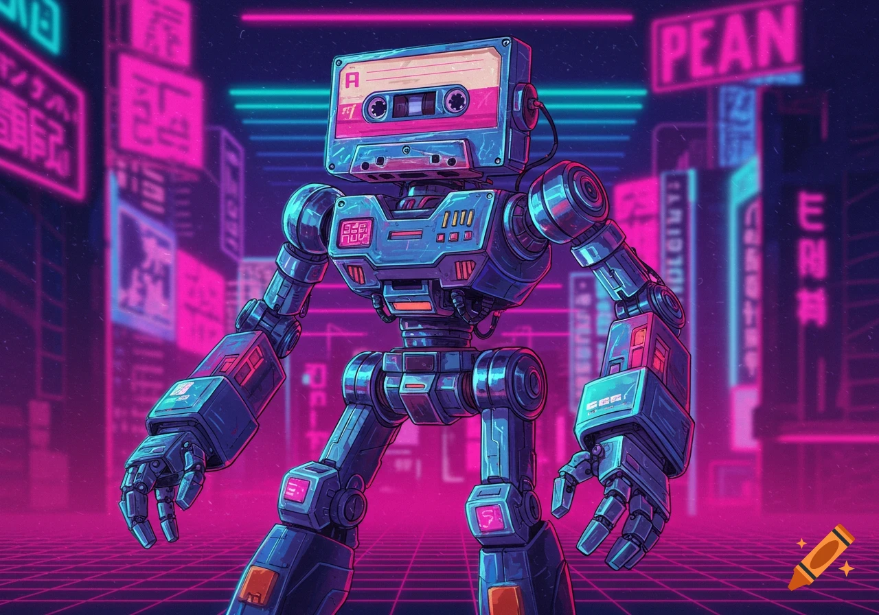 A retro-futuristic robot with a cassette tape for a head stands in a neon cyberpunk city.