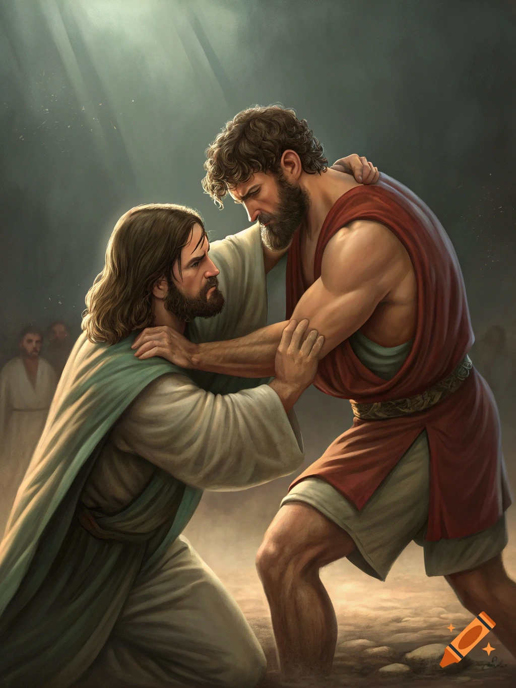 Two men grapple in dramatic light, one in a teal robe, the other in a red tunic, with figures in the background.