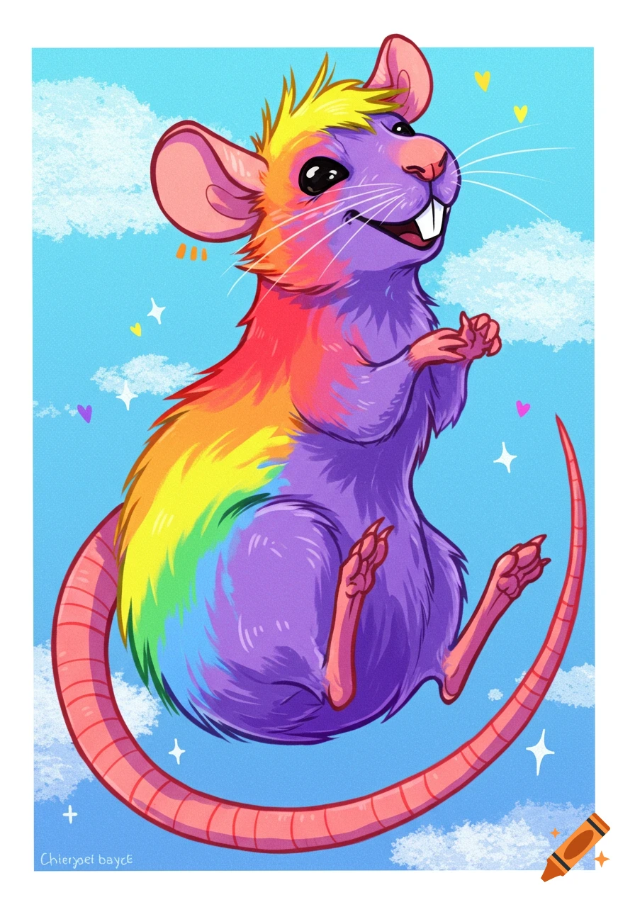 Cartoon illustration of a rainbow-colored rat floating in a blue sky with clouds and sparkles.