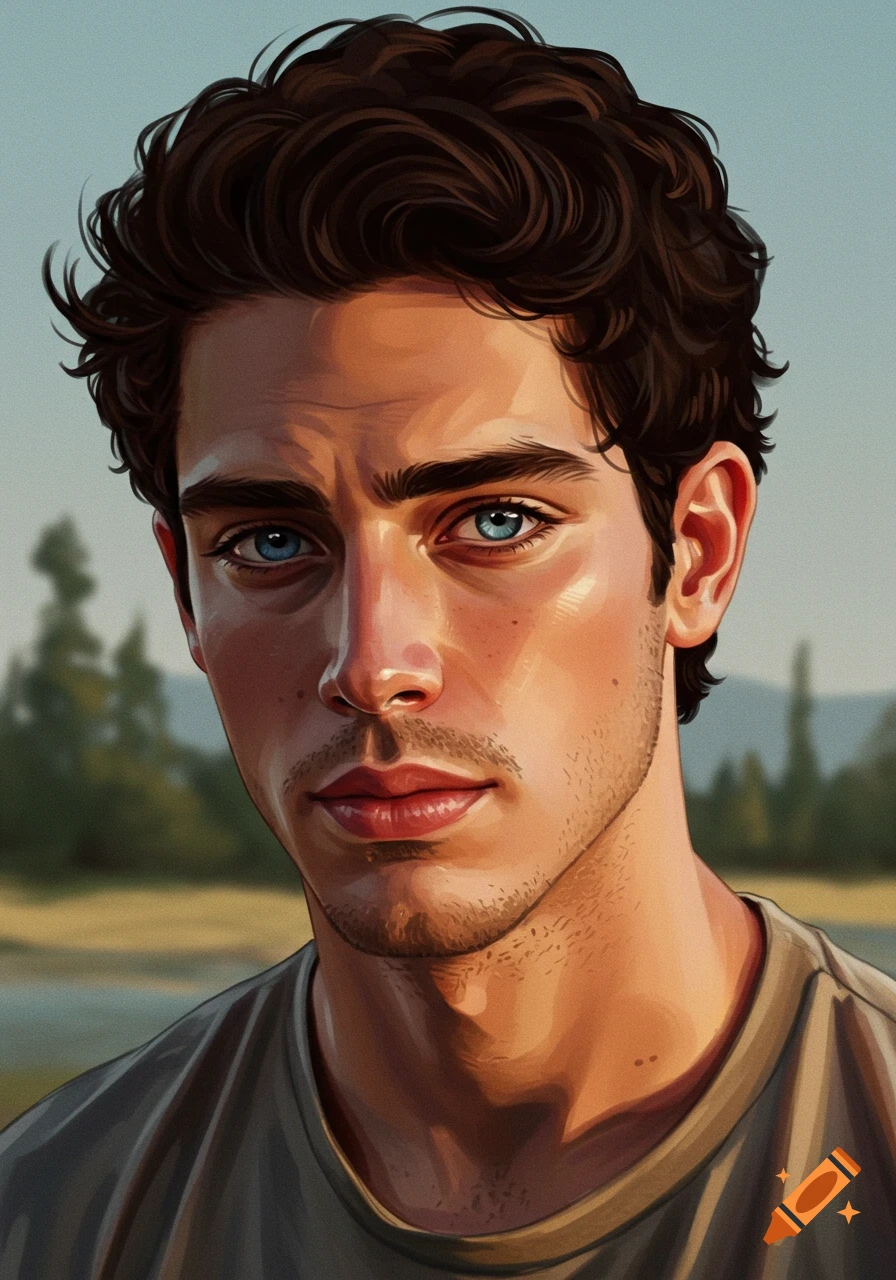 Digital painting close-up portrait of a young man with blue eyes, brown hair, and stubble, outdoors.
