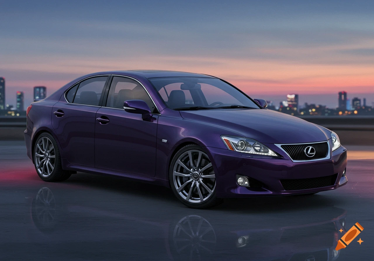 A purple Lexus sedan car parked with a city skyline at sunset.