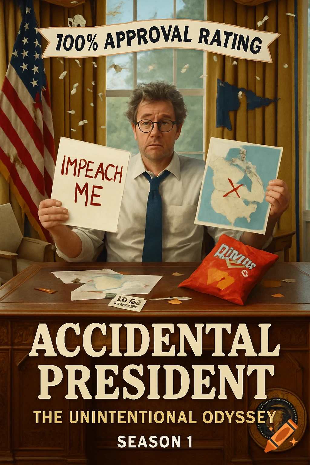 Man at desk with "IMPEACH ME" and "100% Approval Rating" signs. Title text "ACCIDENTAL PRESIDENT".