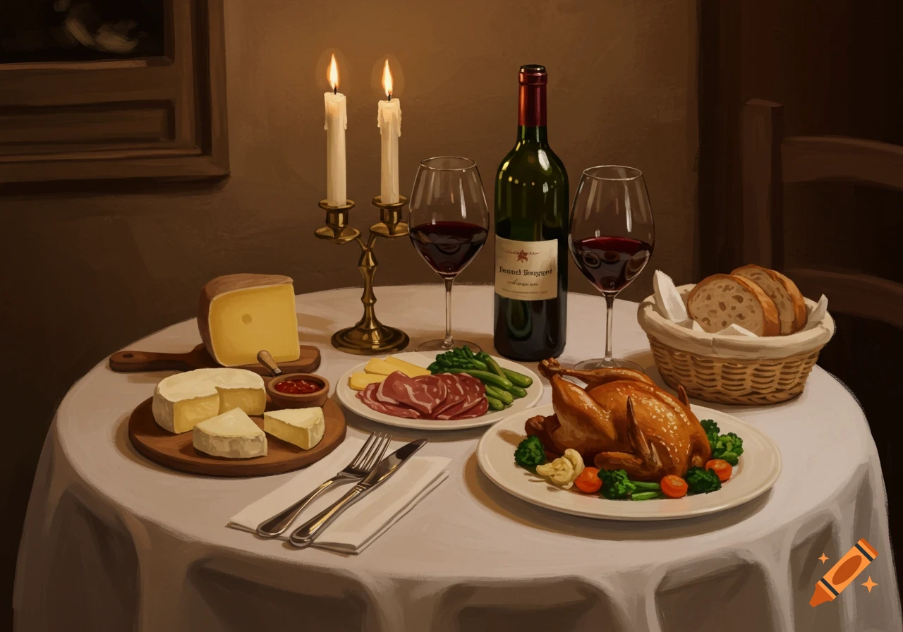 A dinner table is set with a roast chicken, cheese, bread, charcuterie, asparagus, and two glasses and a bottle of wine. Two lit candles provide warm light.