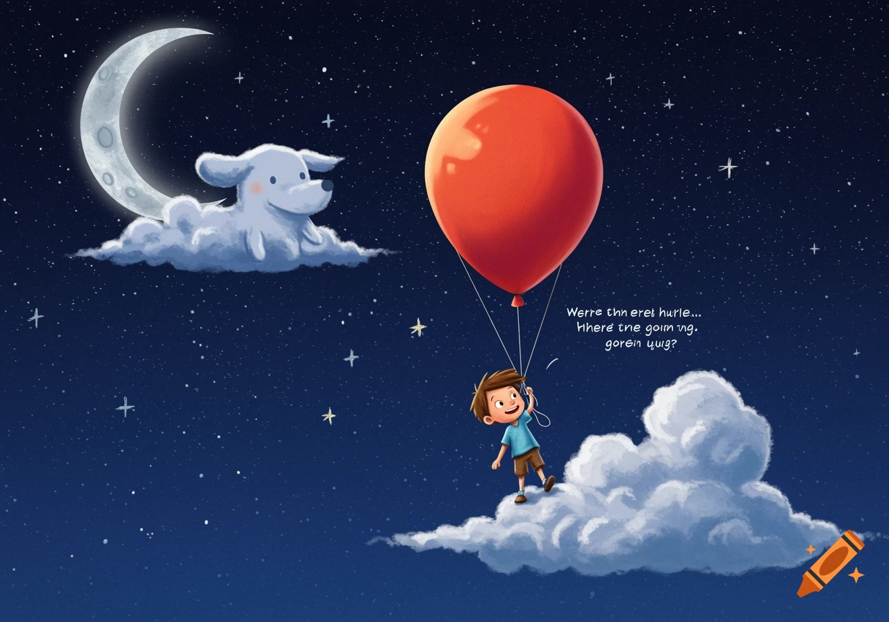 Illustration of a boy holding a large red balloon, floating next to a cloud shaped like a dog and a crescent moon in a starry night sky.