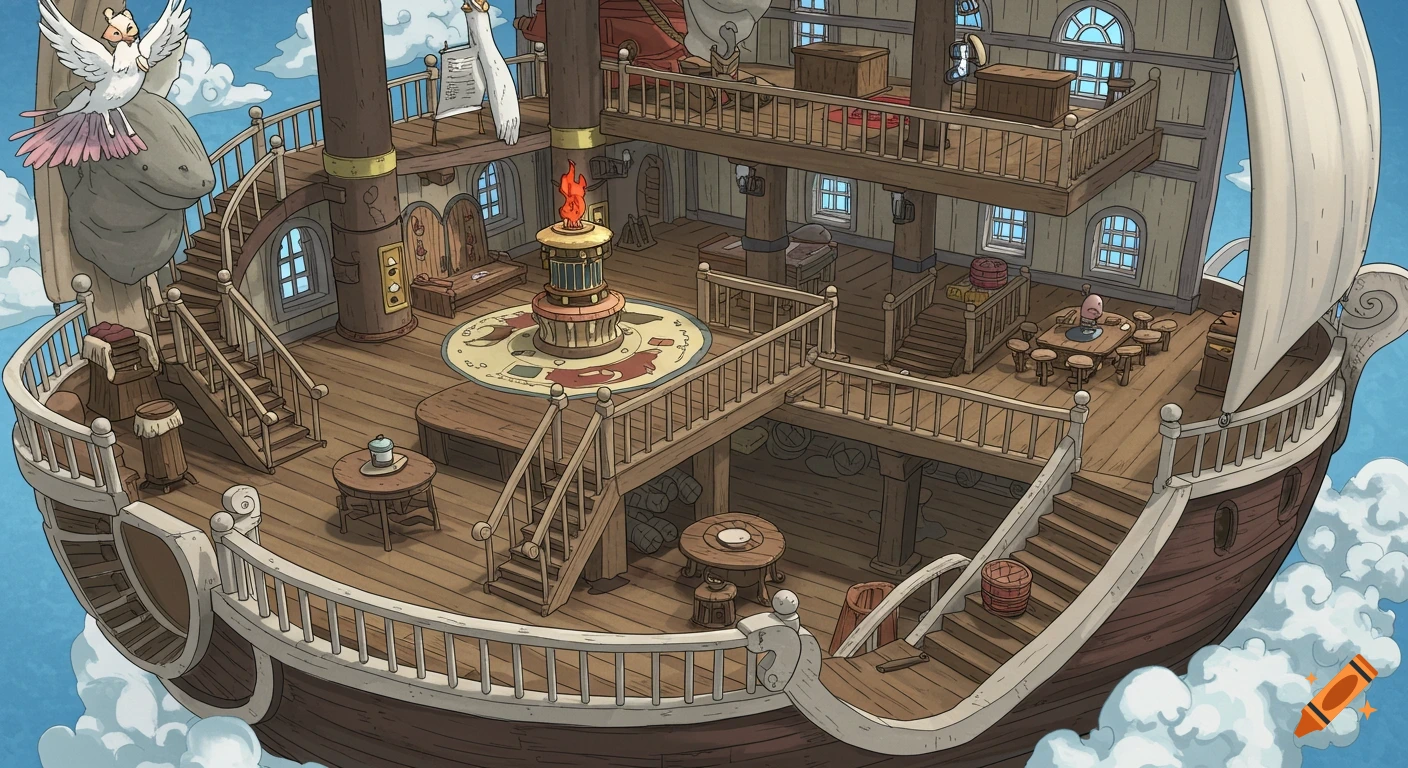 Multi-level anime pirate ship interior floating in the clouds with stairs, tables, and a central fire pit.