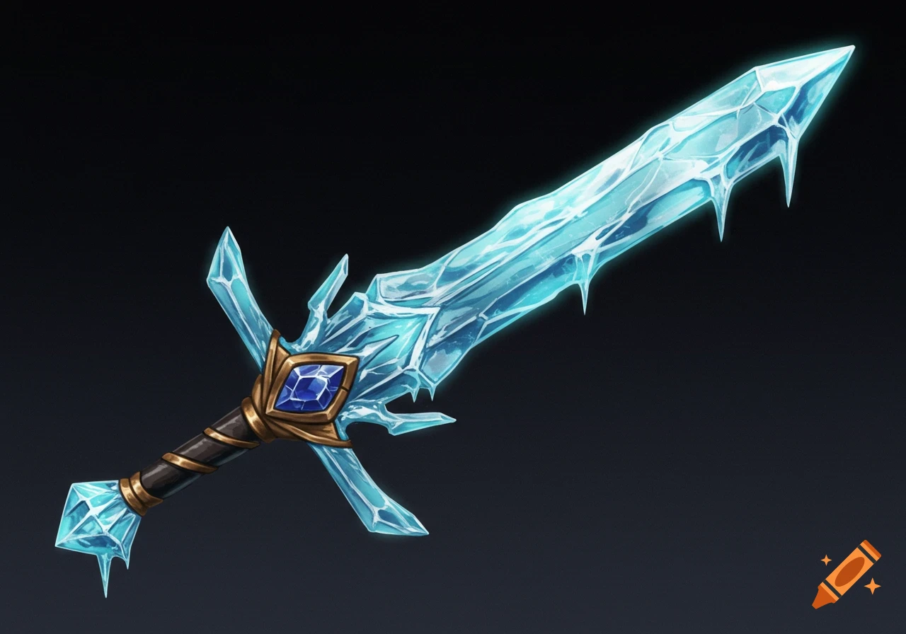 Fantasy sword made of ice and crystal with a sapphire jewel.