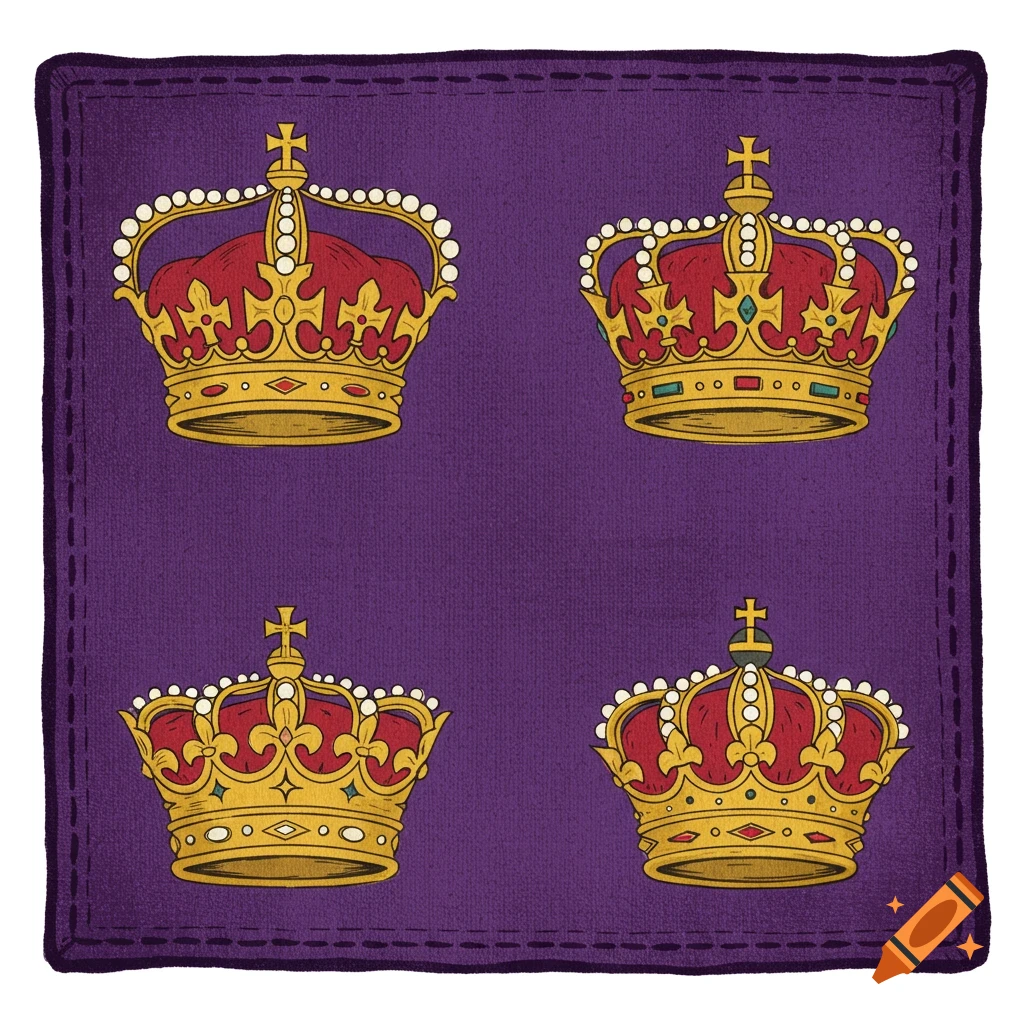 Four golden crowns with red details and jewels on a purple stitched patch.