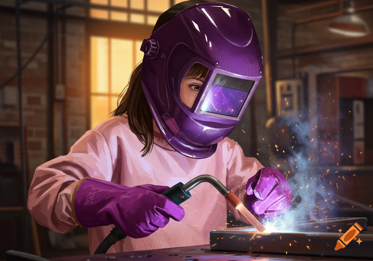 A girl in a purple welding helmet and gloves welds metal, creating sparks, digital painting.