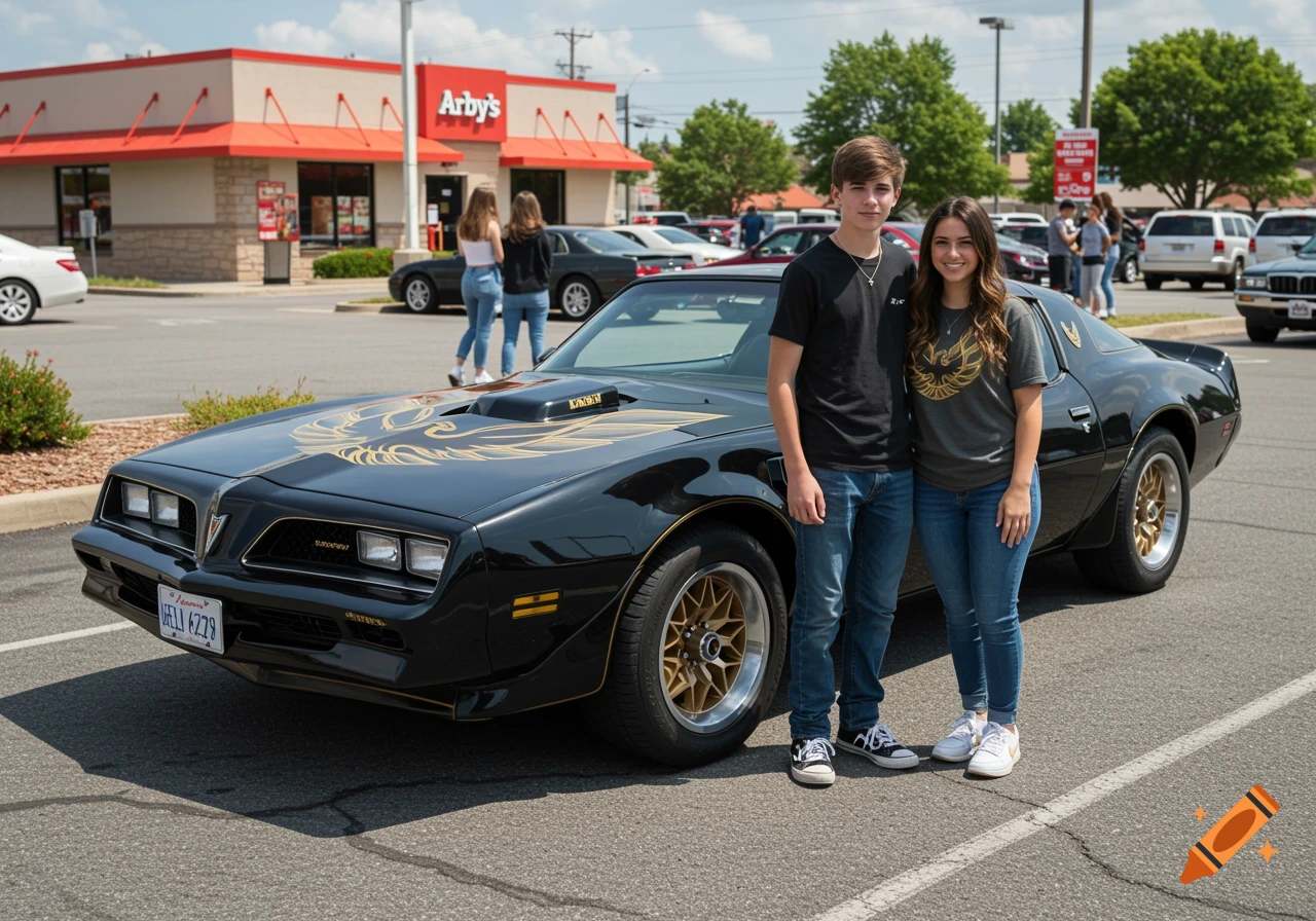 A teenage couple stands in front of a black Pontiac Trans Am in an Arby's parking lot. Photorealistic.