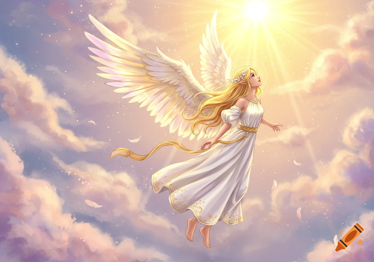 An angel with large wings flies upwards through bright clouds towards a shining sun.