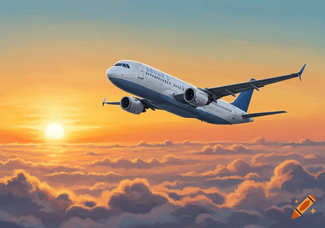 A passenger plane flies above clouds during sunset in a painting style.