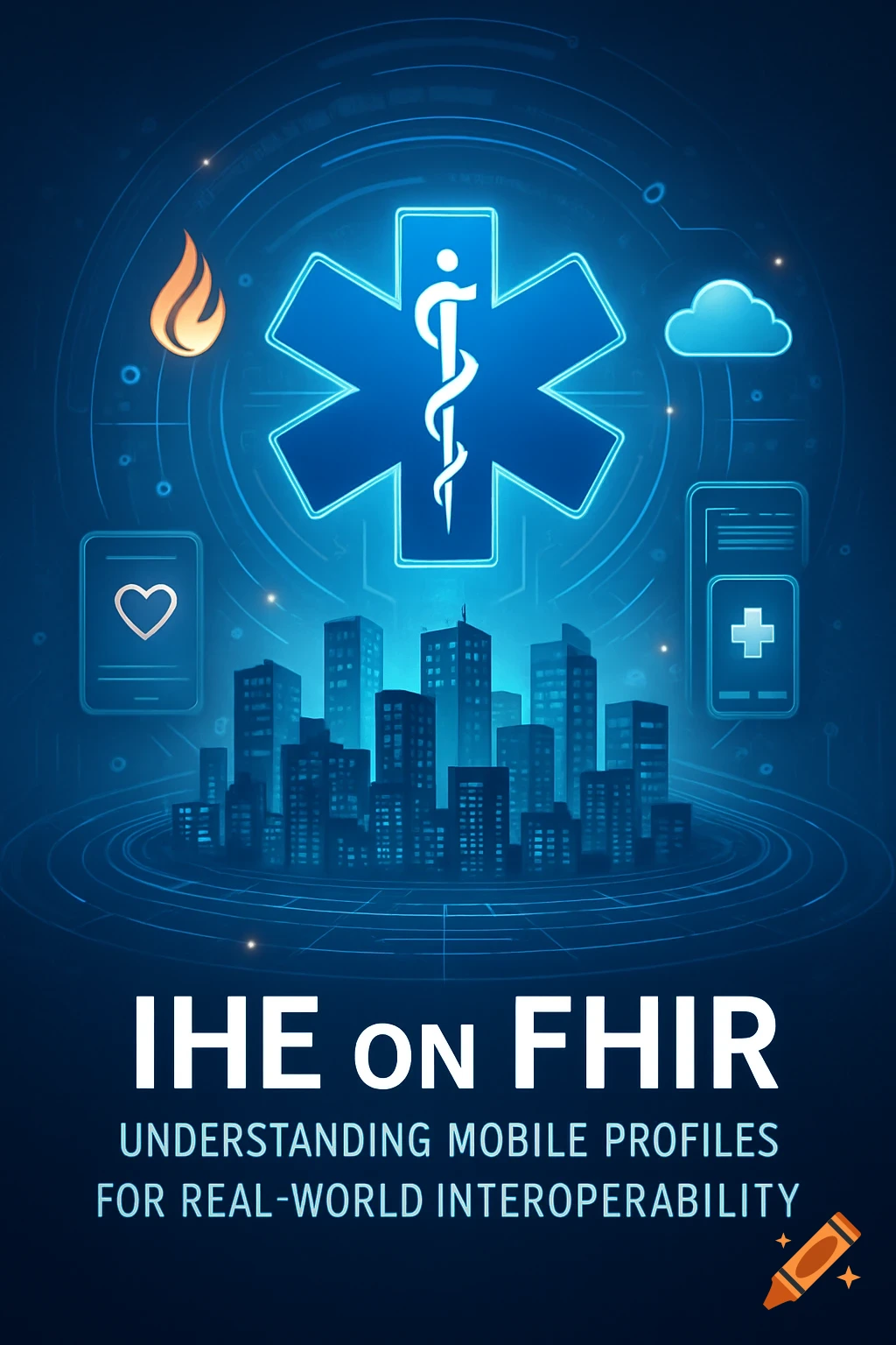 Futuristic digital logo for healthcare IT course. Features Star of Life symbol, cityscape, tech elements, and text 'IHE ON FHIR'.