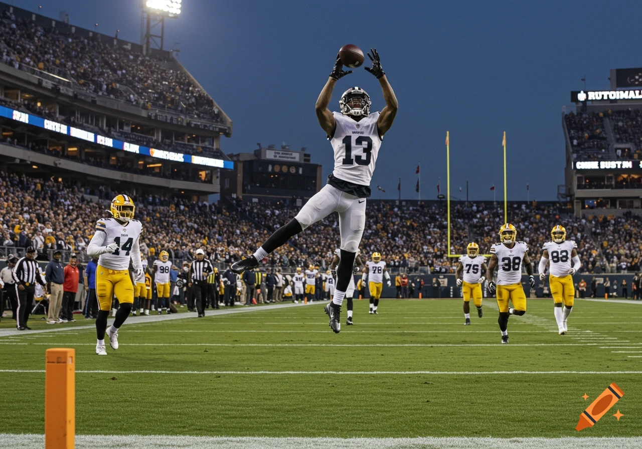 An NFL player in a white jersey leaps to catch a football during a game in a stadium.