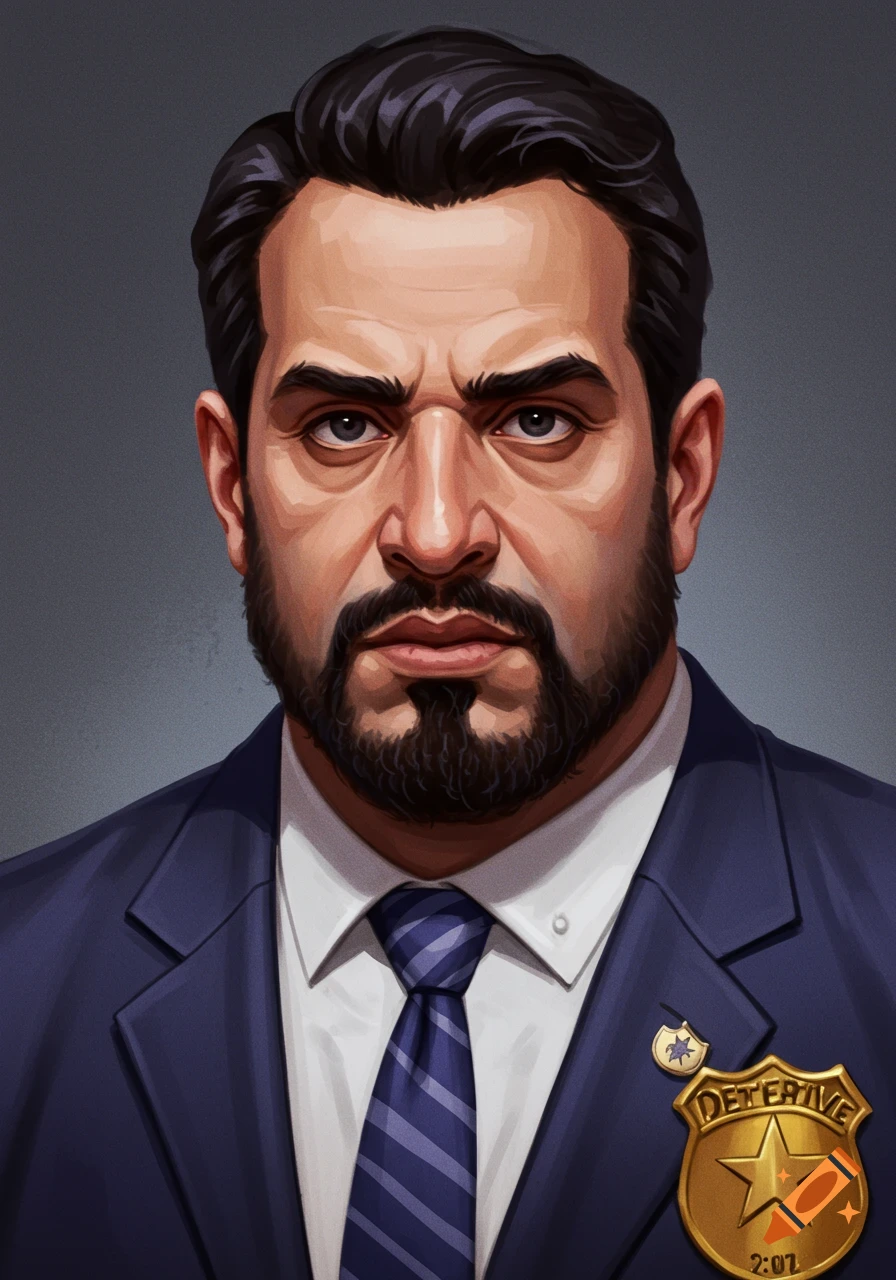 Close-up portrait of a middle eastern man with a beard, wearing a suit and detective badge, with an intimidating stare.