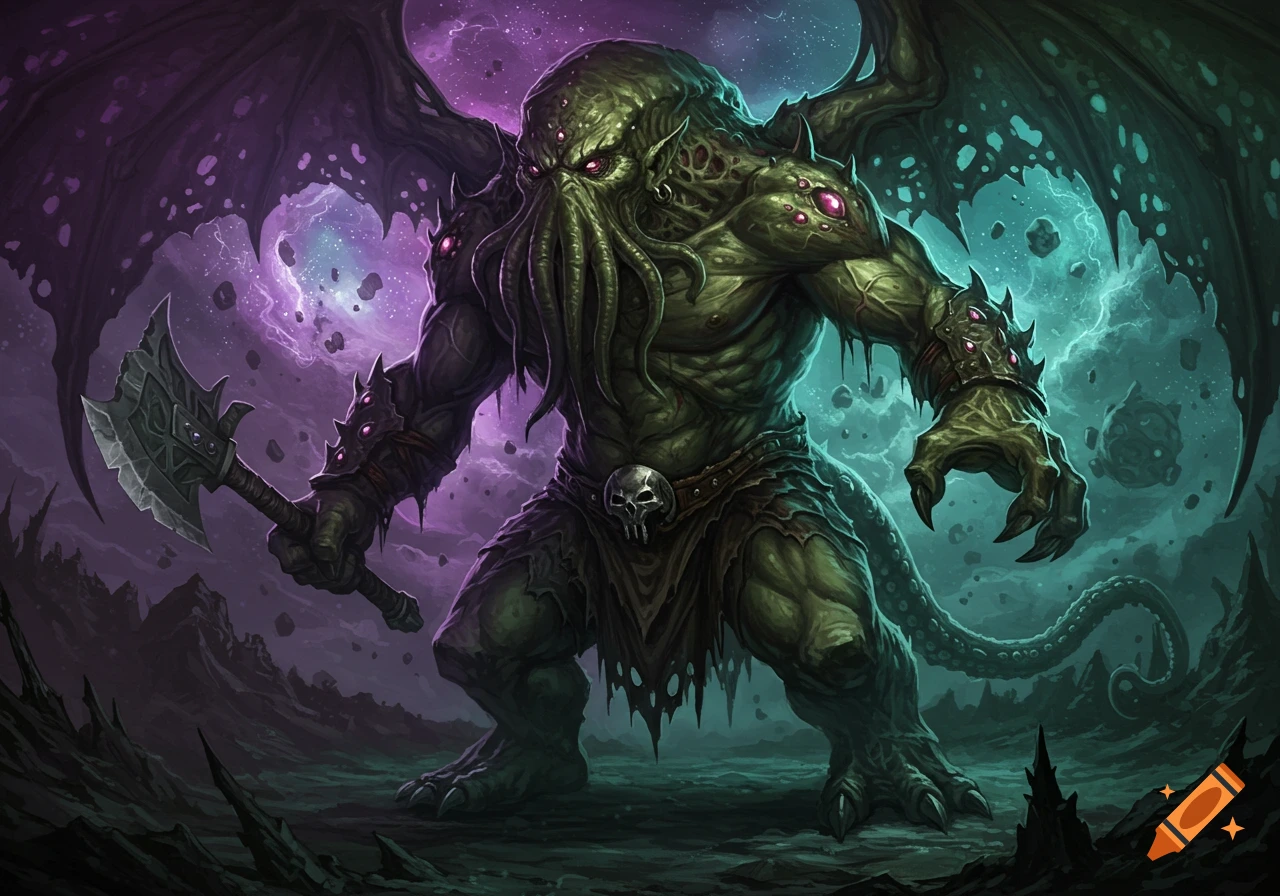 Large green Cthulhu-like monster with tentacles and wings, holding an axe against a purple and green cosmic background.
