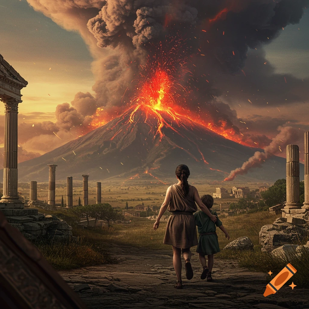 A woman and child walk away from a large erupting volcano towards ancient ruins.
