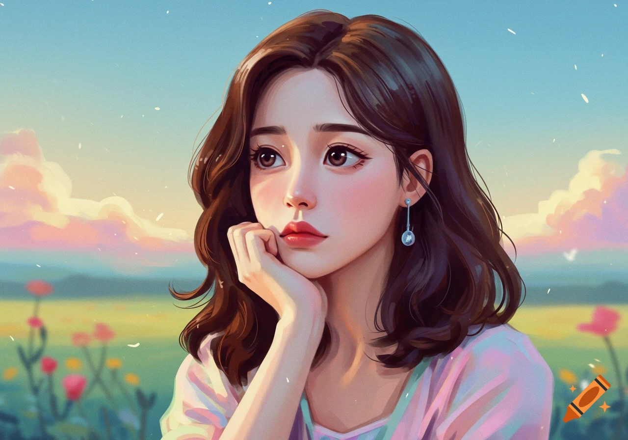Anime style illustration of a young woman with brown hair, chin resting on her hand, in a field with a pastel sky.