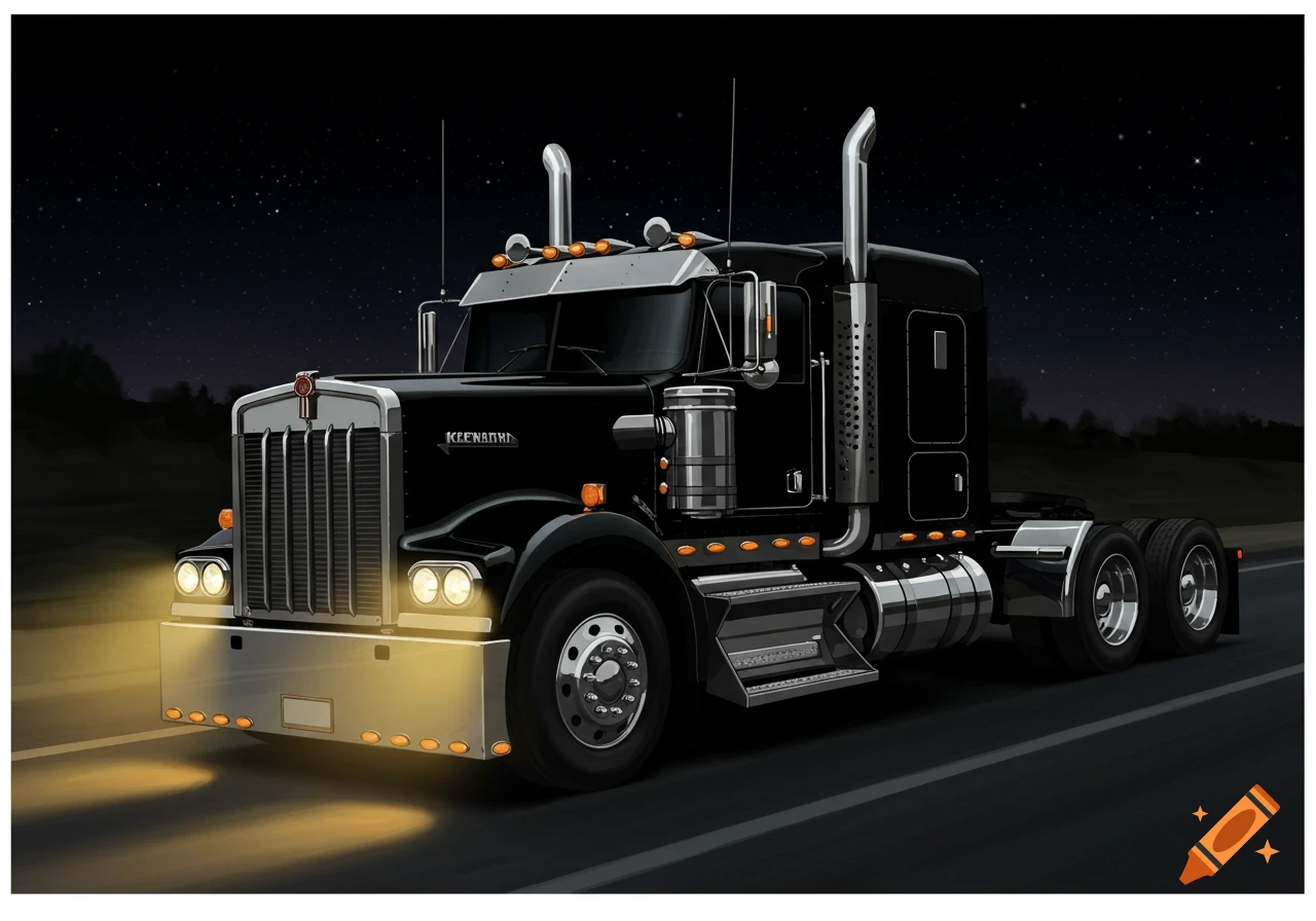 An illustration of an all black semi-truck driving on a highway at night.