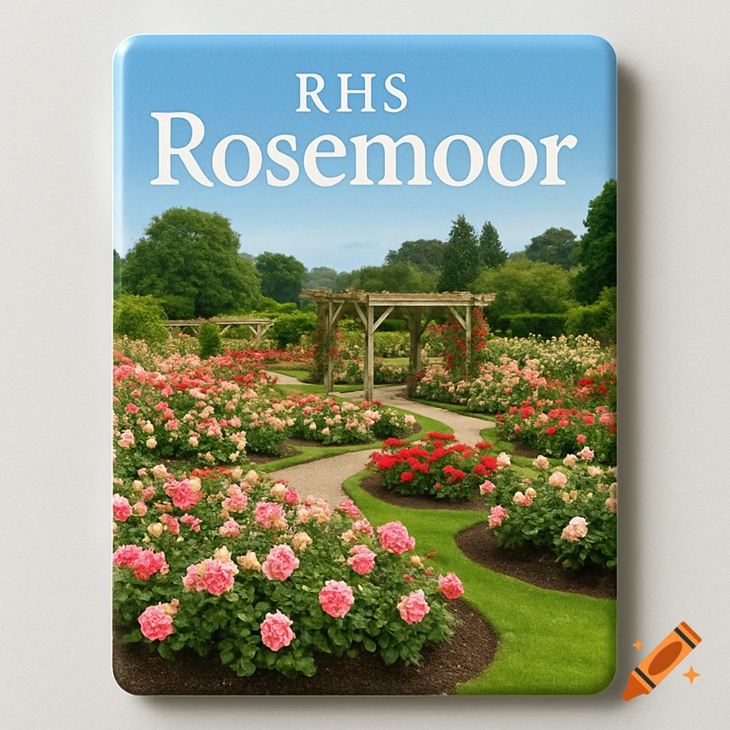 Rose garden on a fridge magnet with text 'RHS Rosemoor'
