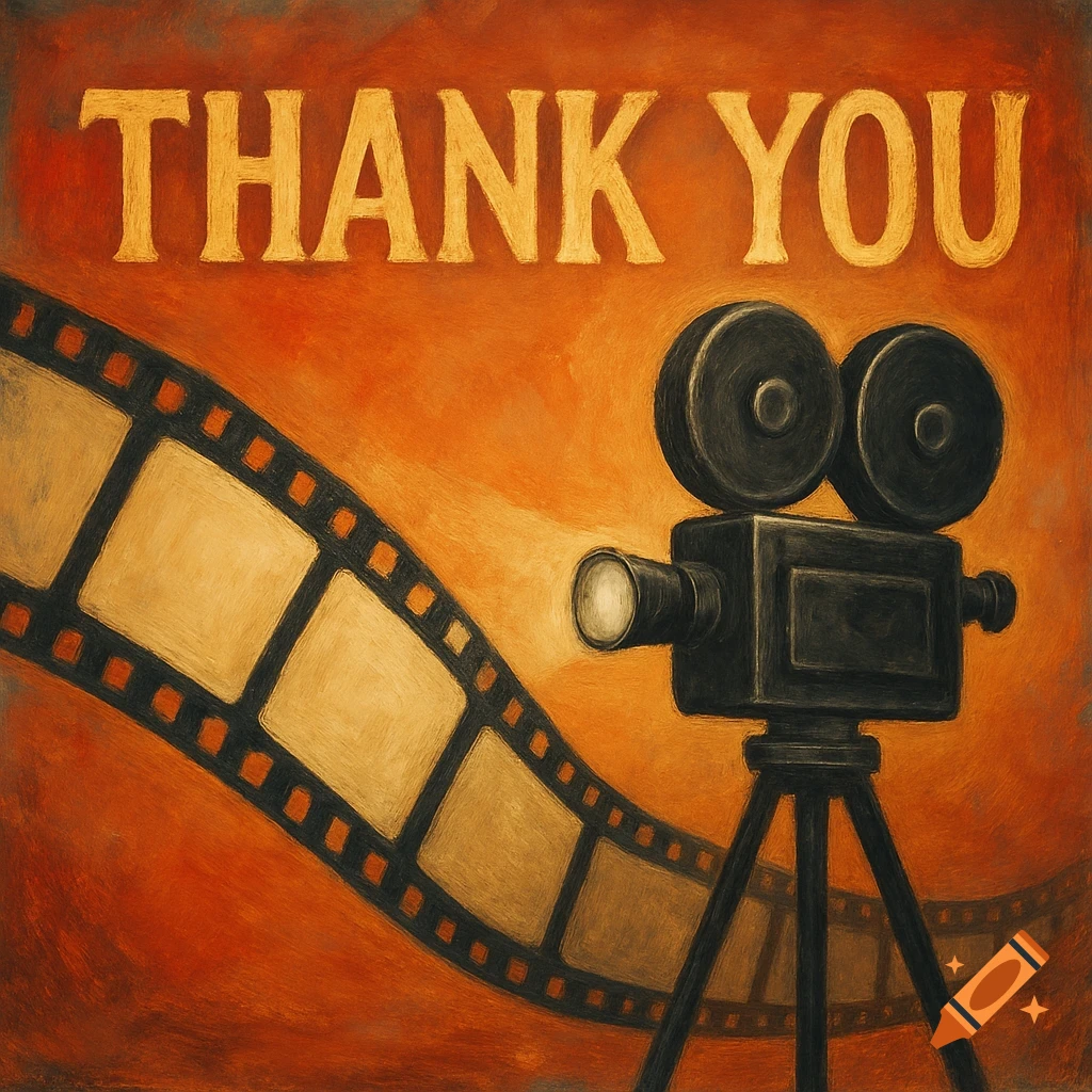 Illustration of a movie camera and film strip with "THANK YOU" text.