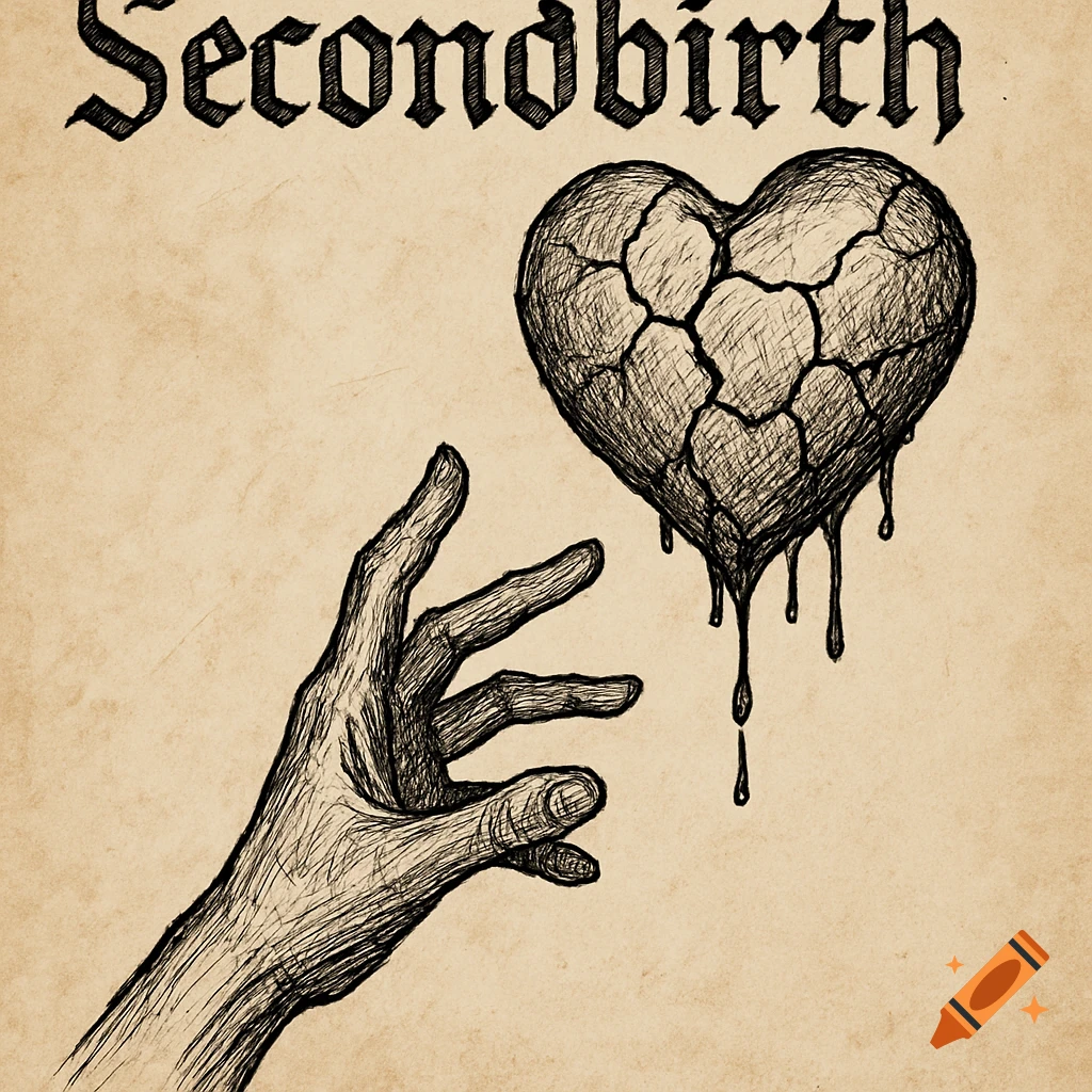 Black ink sketch of a hand reaching towards a cracked heart dripping liquid, with 'Secondbirth' text on a stained parchment background.