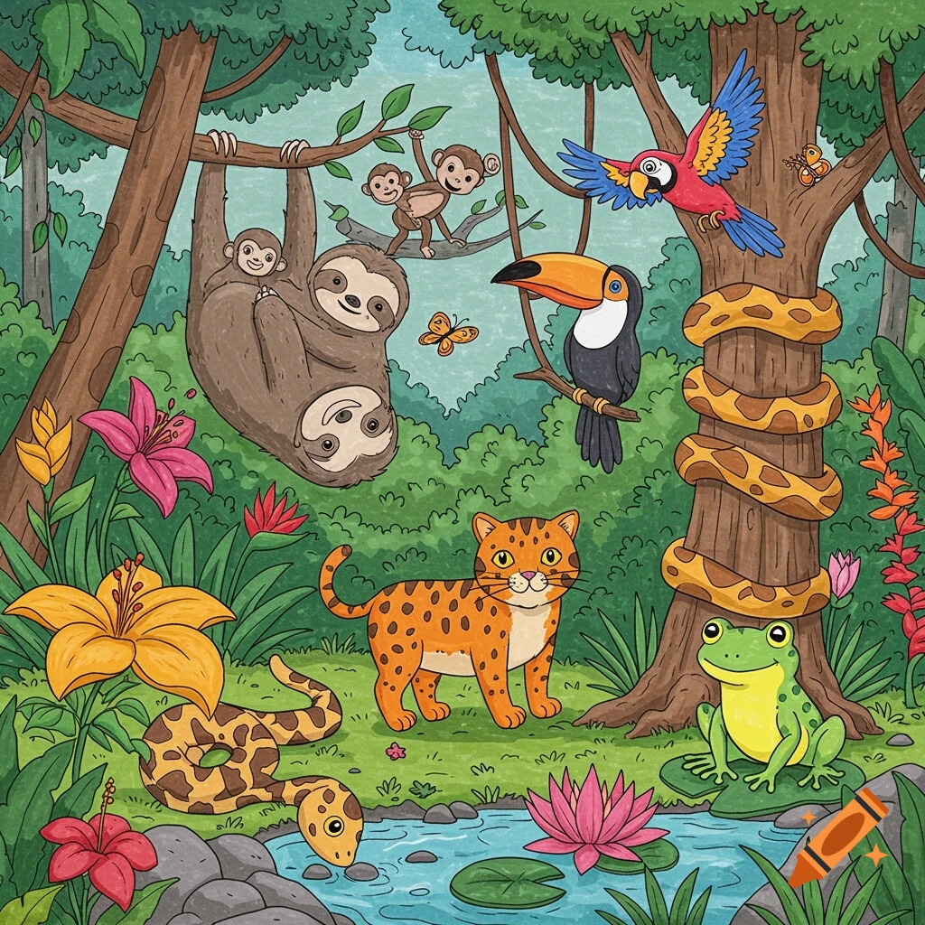 Cartoon jungle scene coloring page with sloths, monkeys, birds, a cat, snakes, a frog, and flowers.