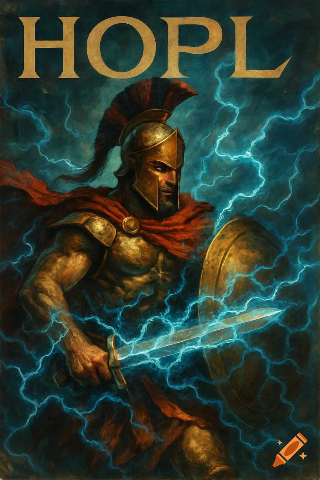 A Greek Hoplite warrior stands wreathed in blue lightning, holding a sword and shield, with 'HOPL' text above.