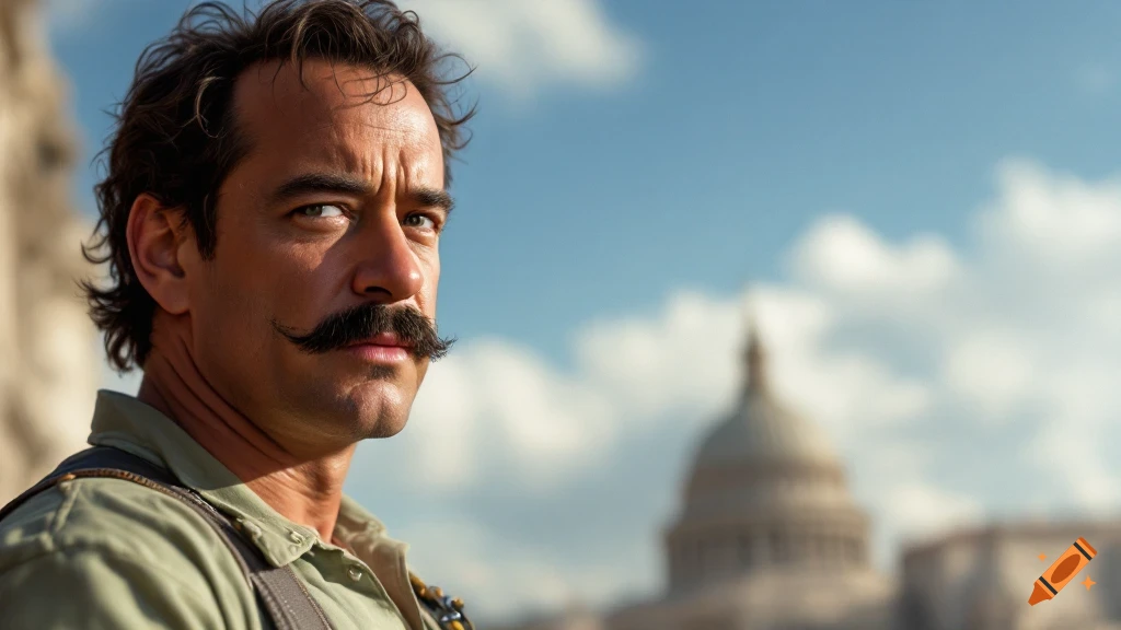 Cinematic portrait of a man with a mustache in front of the US Capitol building.