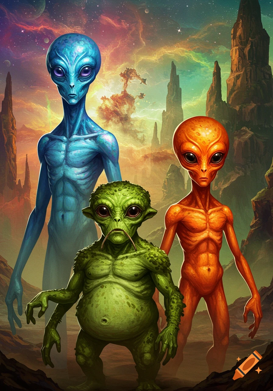 Three different colorful aliens standing in a vibrant, rocky alien landscape.