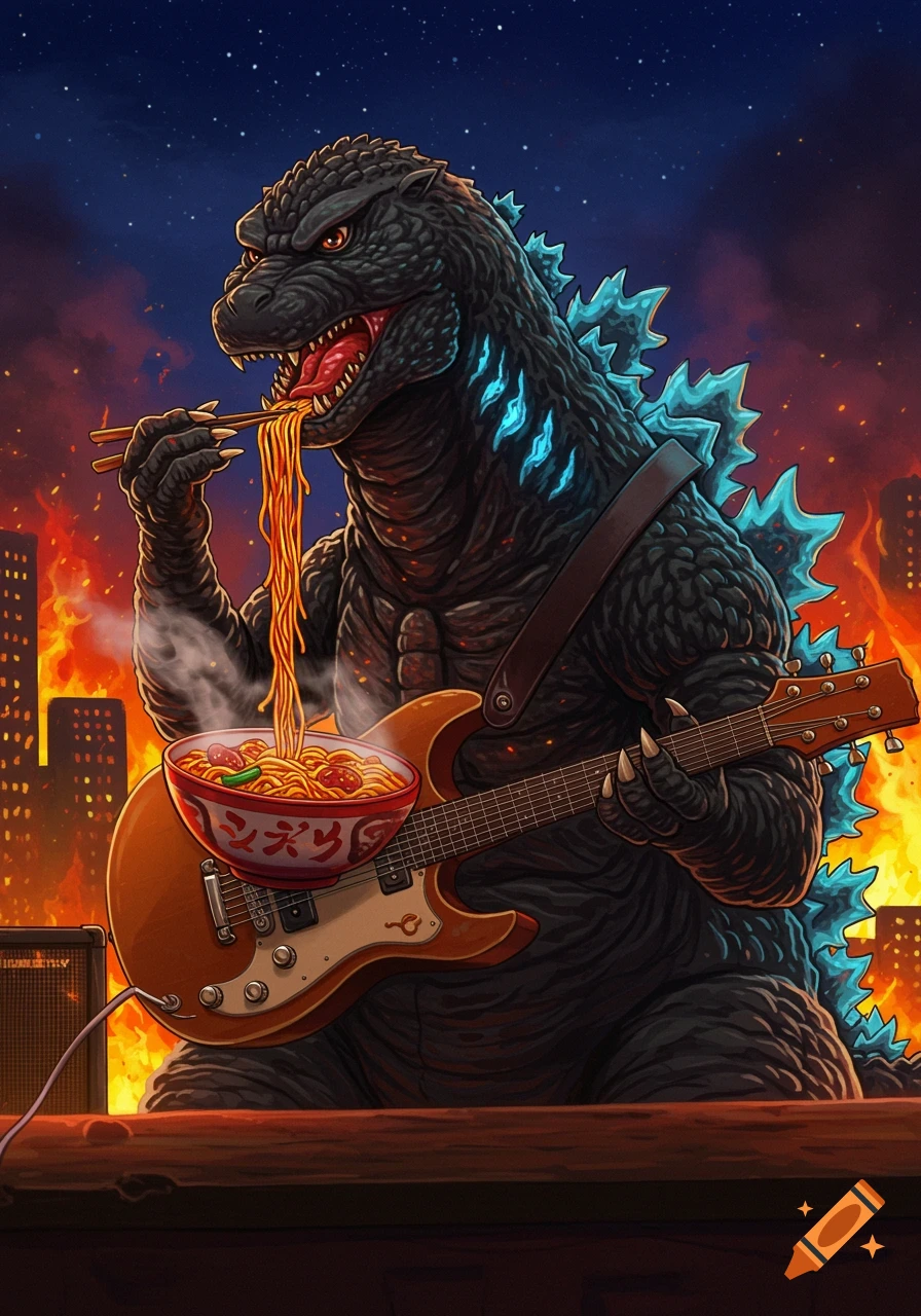 Illustrative portrait of Godzilla eating ramen with chopsticks while playing an electric guitar in a burning city.