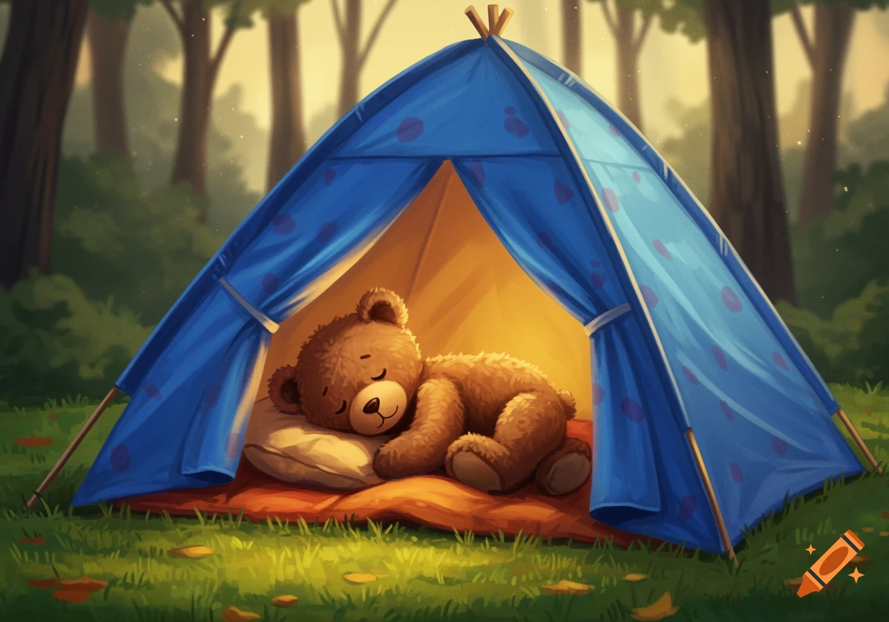 An illustration of a teddy bear sleeping inside a blue tent in a forest at sunset.