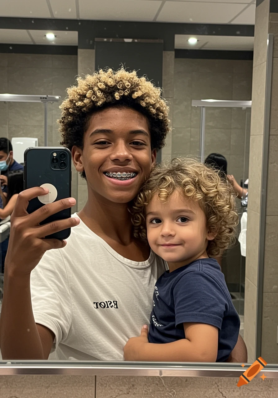 Two boys, one older with braces holding a younger, curly-haired boy, smile while taking a mirror selfie.