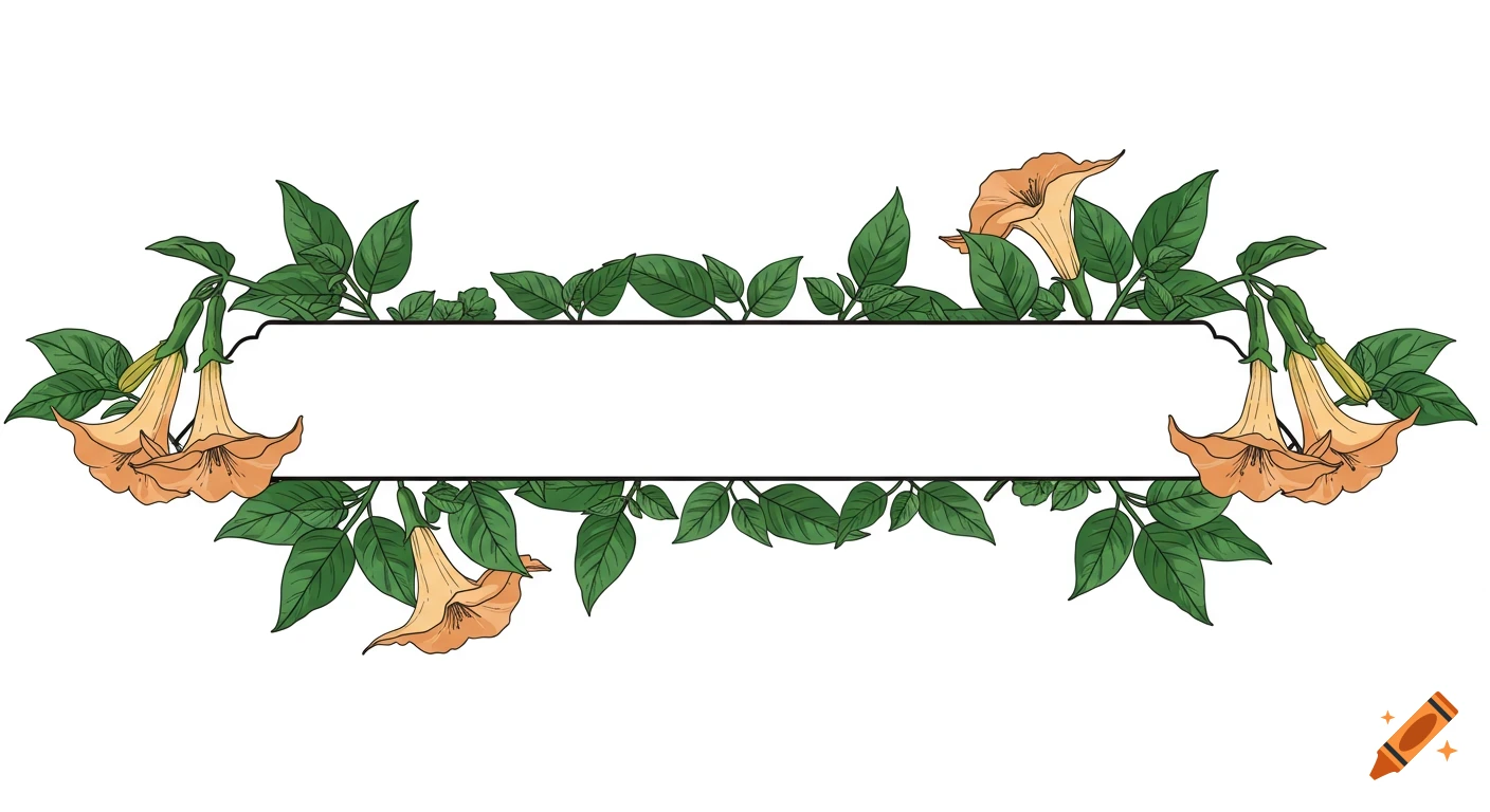 Stylized botanical illustration of orange Brugmansia flowers and green leaves framing a blank horizontal banner.