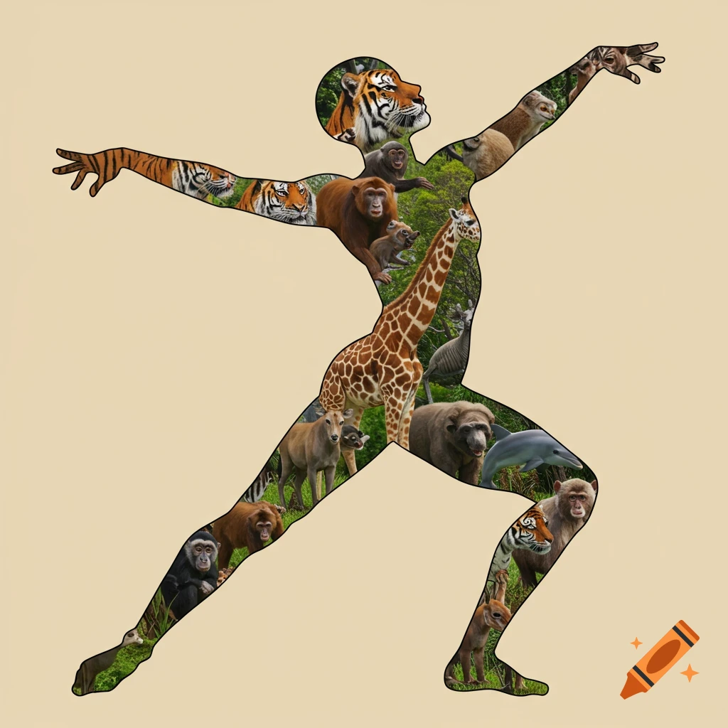 A human silhouette filled with a collage of animals and greenery.